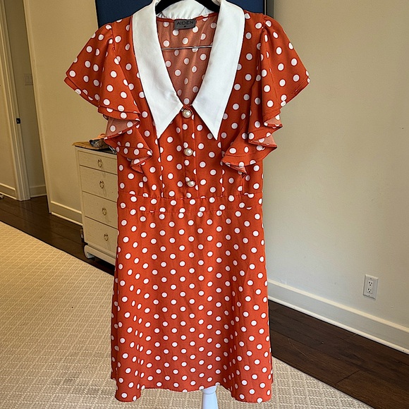 Aiden Dresses & Skirts - Aiden - Women’s Orange Polka Dot Mini Dress w/ White Collar - Size: Medium